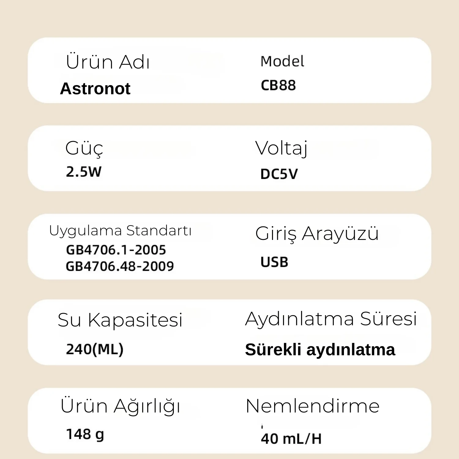 Astronot Ay Şekilli Gece Lambalı 220 ml Ultrasonik Hava Nemlendirici