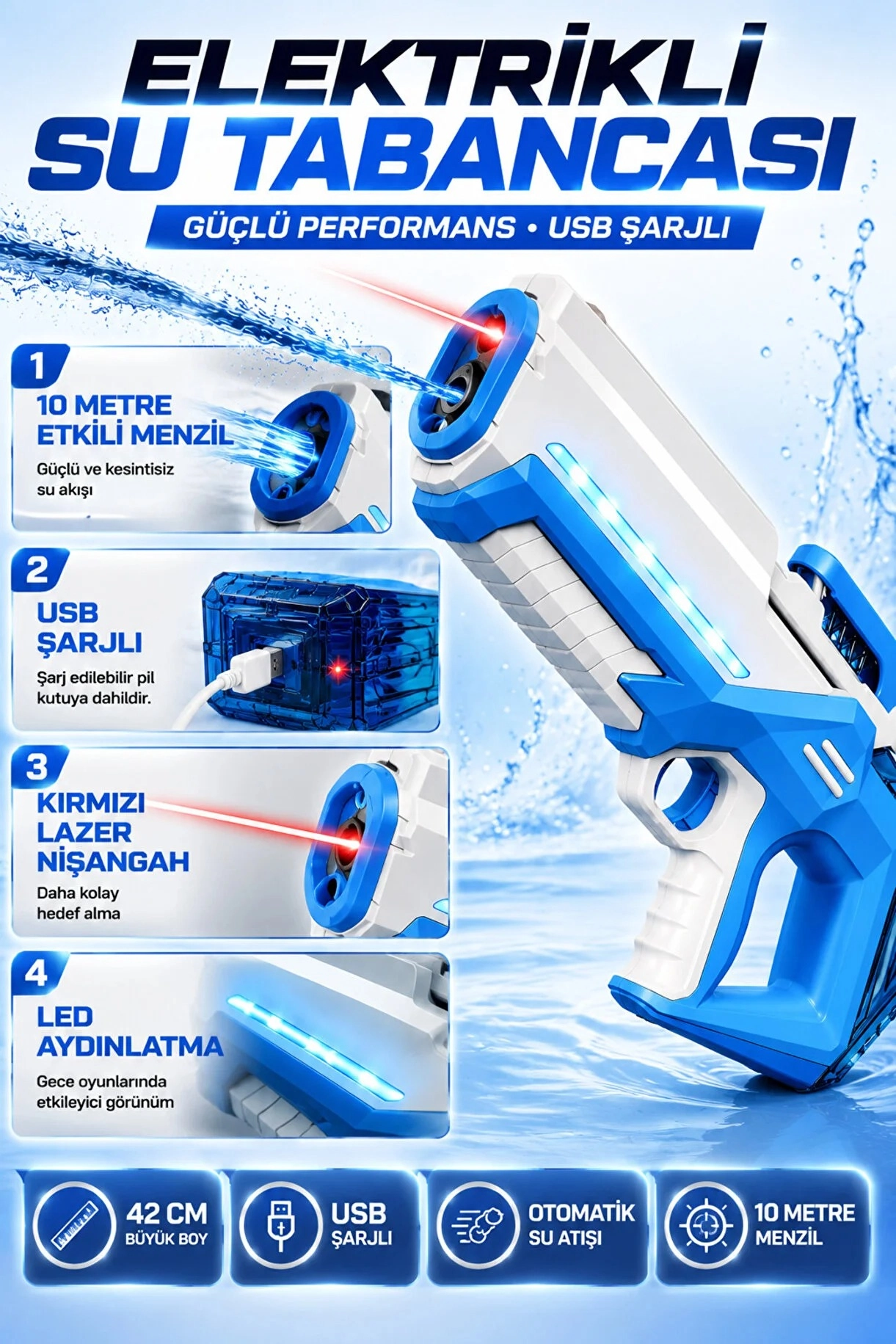 Şarjlı Led Işıklı Otomatik Su Tüfeği