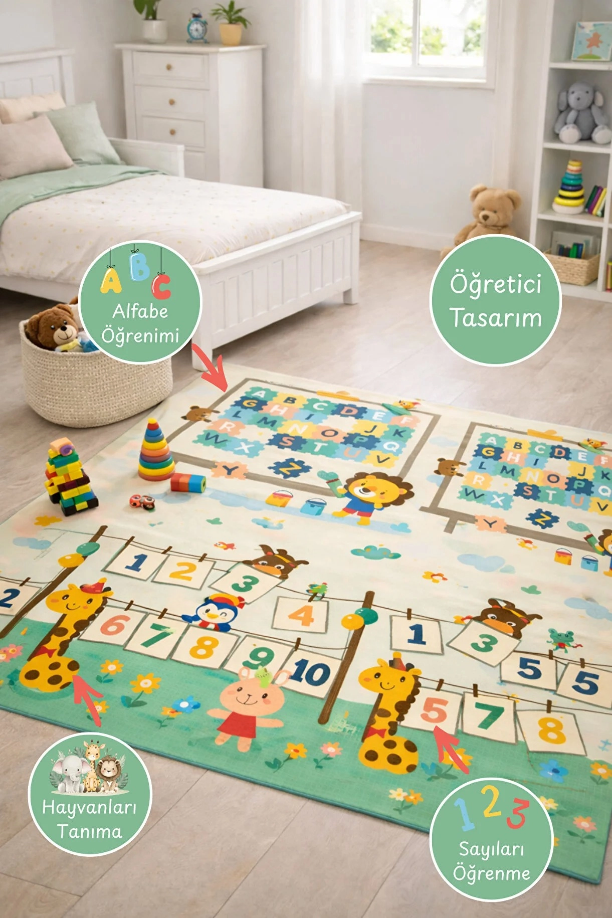 Çift Taraflı Çocuk Oyun Matı – Öğretici Tasarım & Çiftlik Dünyası Katlanabilir Halı - 160x180 cm