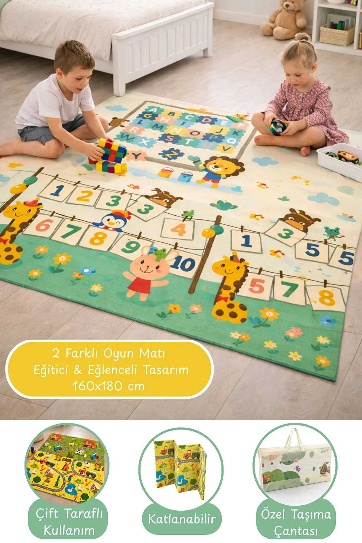 Çift Taraflı Çocuk Oyun Matı – Öğretici Tasarım & Çiftlik Dünyası Katlanabilir Halı - 160x180 cm