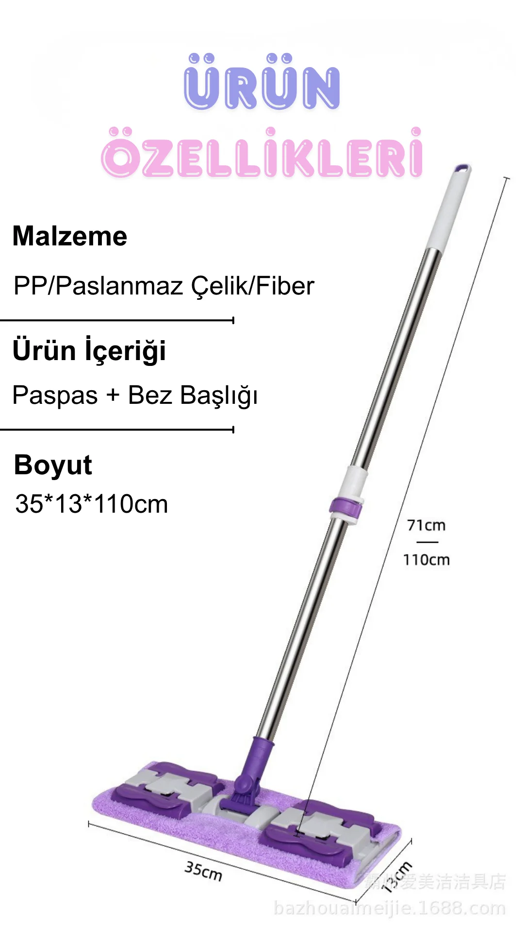 Yer Duvar Fayans Cam Temizlik Mikrofiber 4 Mandallı Mop