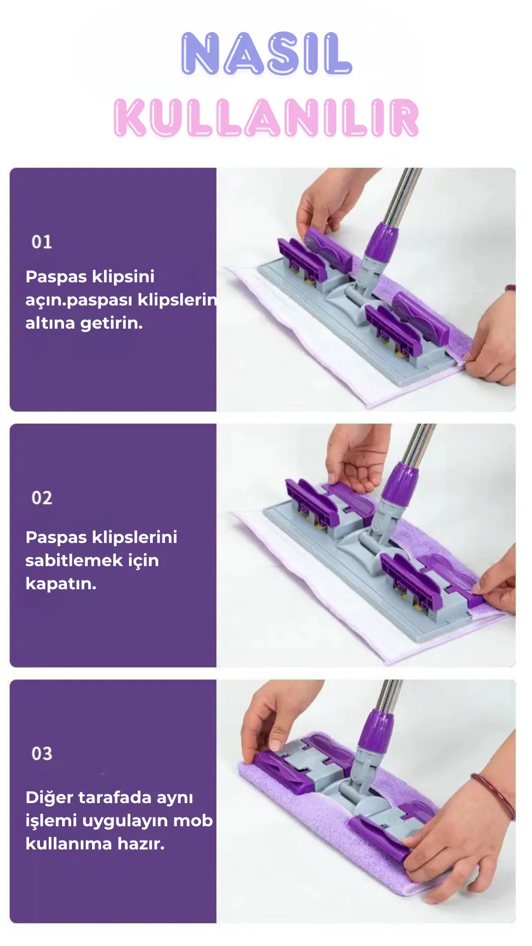 Yer Duvar Fayans Cam Temizlik Mikrofiber 4 Mandallı Mop