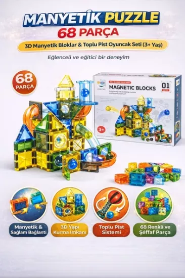 Manyetik Bloklar 68 Parça 3D Yapı Kurma ve Toplu Pist Eğitici Oyuncak Seti