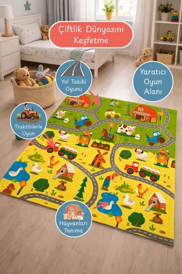 Çift Taraflı Çocuk Oyun Matı – Öğretici Tasarım & Çiftlik Dünyası Katlanabilir Halı - 160x180 cm